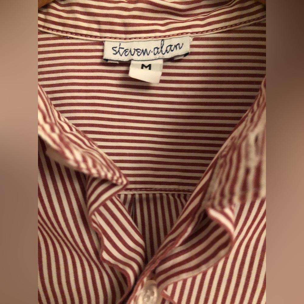 Steven Alan Maroon/White Striped Reverse Seam Button-Down Shirt (M)